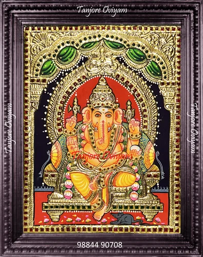Vinayagar Peacock Arch Tanjore painting seated Ganesha green peacock feather arch gold foil artwork